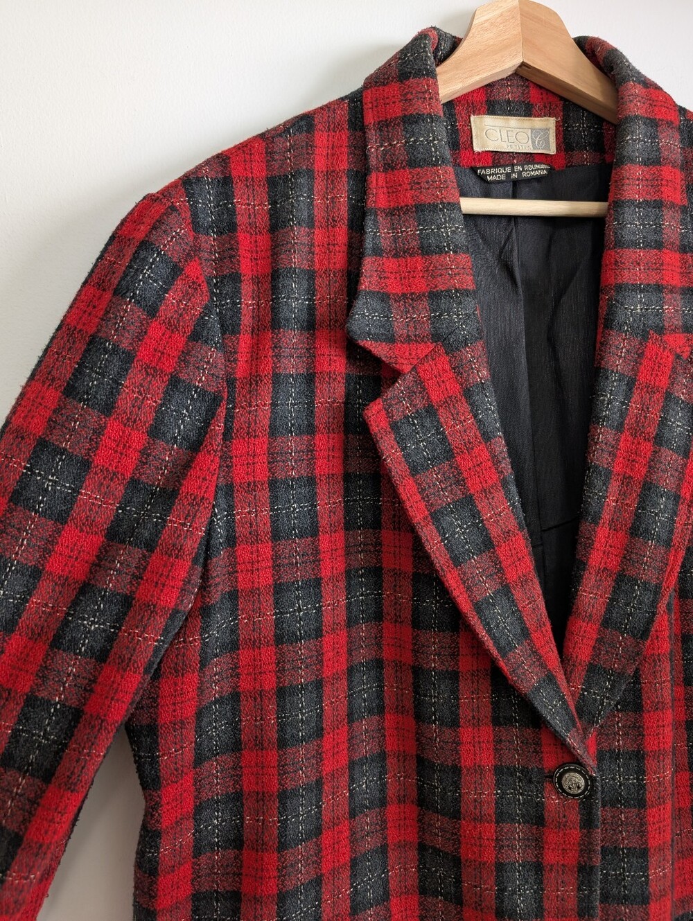 Vintage 90s Cleo Petites Large Red Plaid Jacket Wool Mix Oversized Boxy Blazer